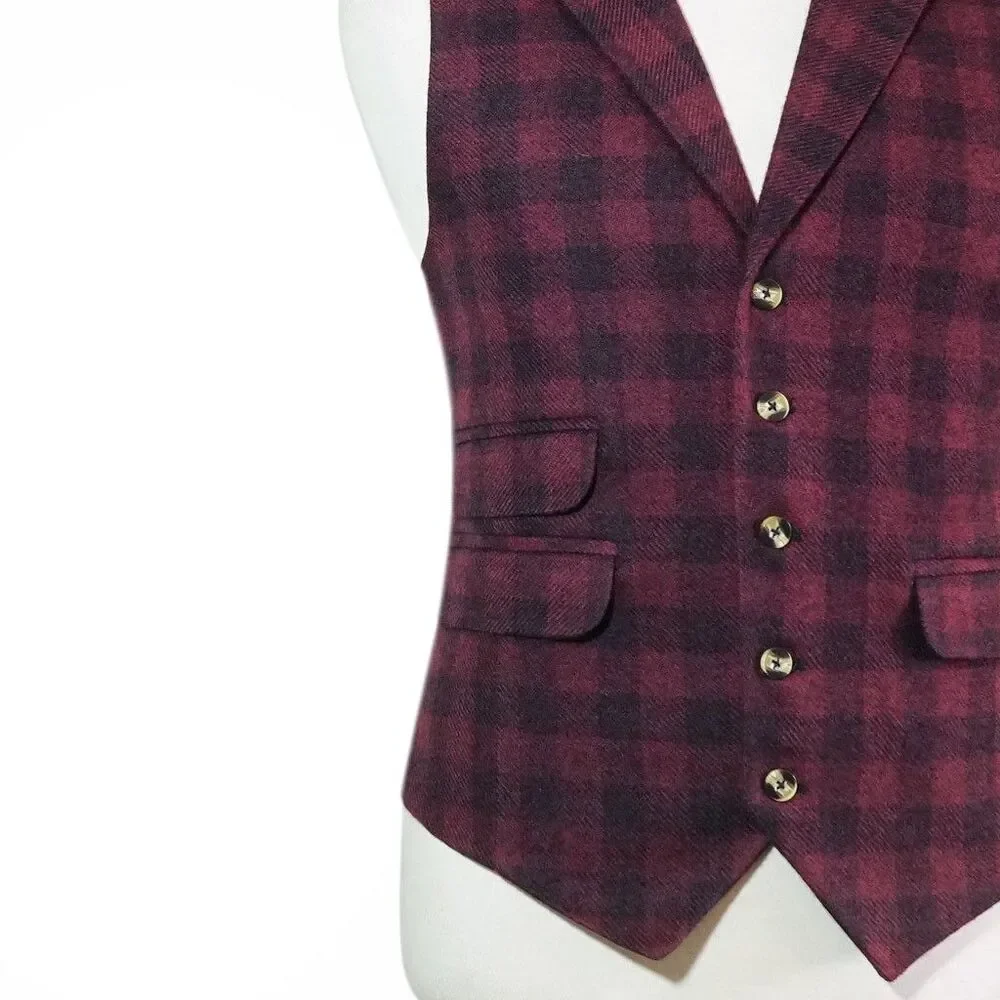 Mens 46R Wool Vest Burgundy Black Plaid Check Waistcoat Formal Wedding Party